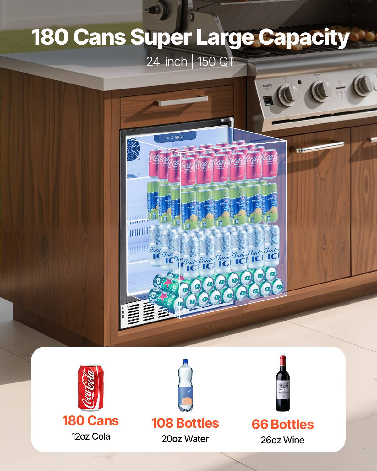 180 Cans Super Large Capacity  
24-inch | 150 QT  

180 Cans  
12oz Cola  

108 Bottles  
20oz Water  

66 Bottles  
26oz Wine