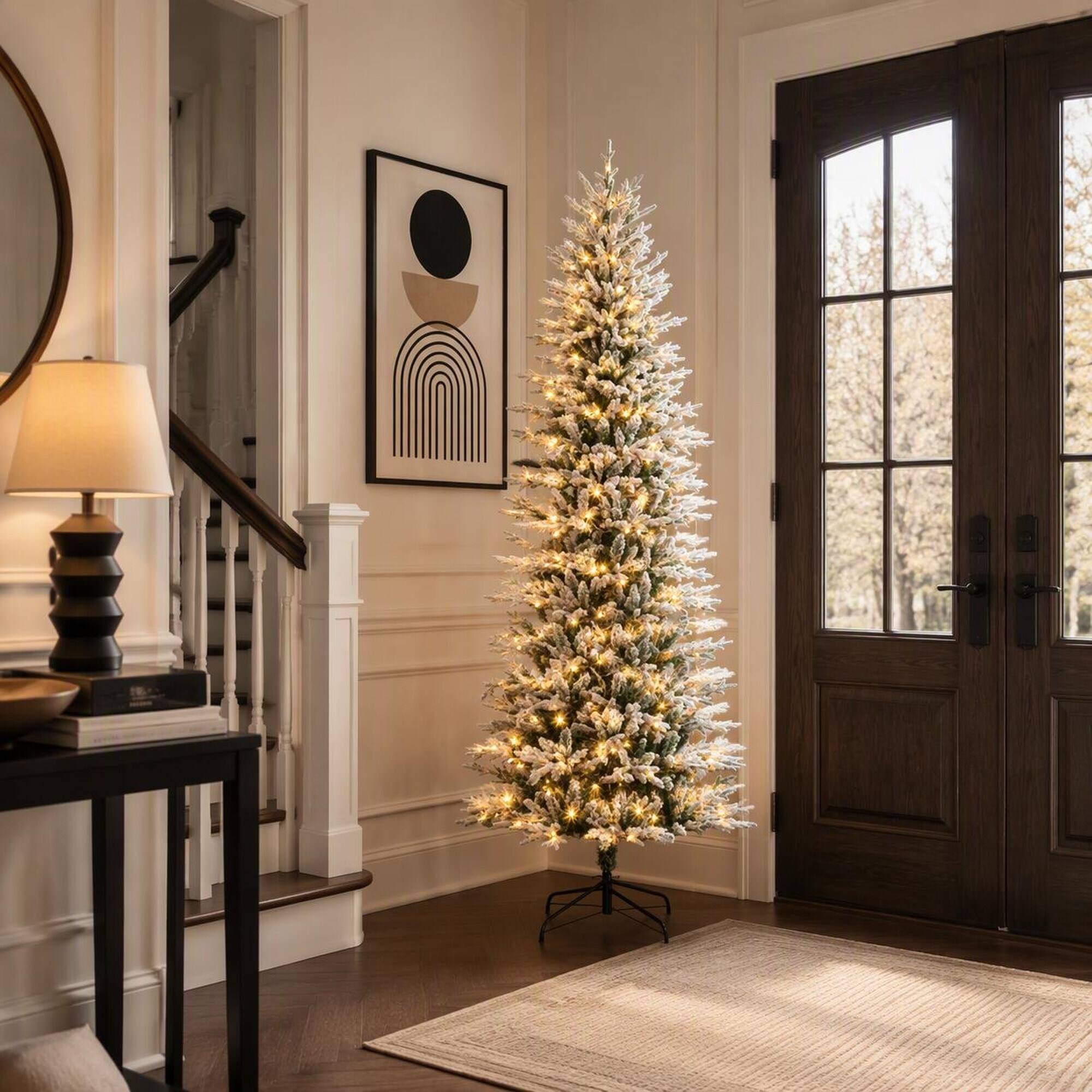 Alt View 2. RYHNUYNE - Pre-Lit Artificial Flocked Christmas Tree, Snow Branches Warm Yellow Lights Auto-Open Design Dense Realistic Foliage - Green.