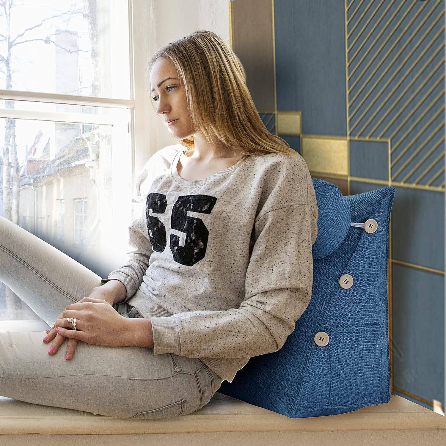 Left. wowmax - Reading Pillow for Adults - Lumbar Support Cushion for Bed & Sofa (Blue Polyester) - Blue.