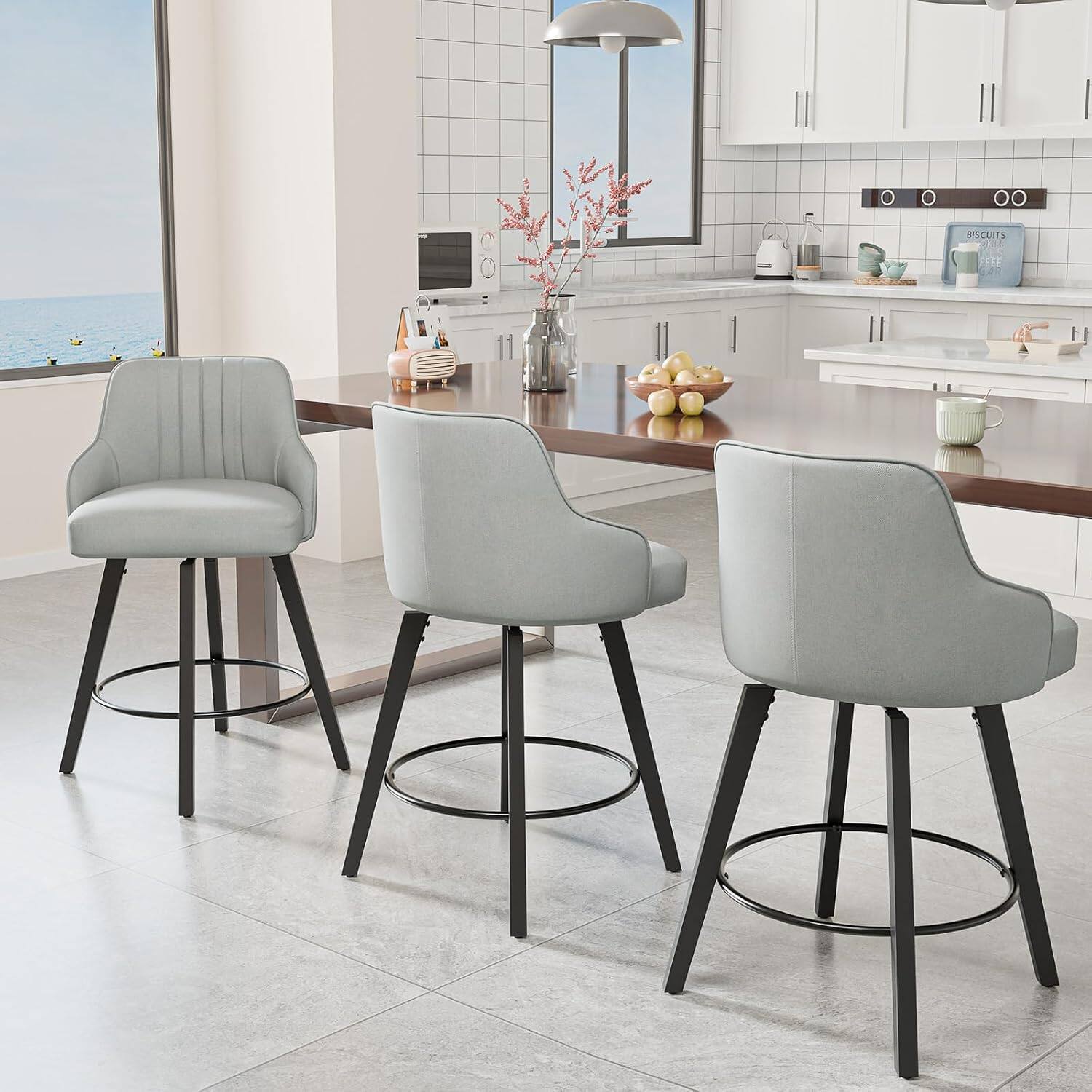 Alt View 5. Winado - 26" H Swivel Barstools Counter Height Bar Stool Modern Counter Stool with Back Kitchen High Chairs Solid Wood Legs - Grey Fabric-Set of 3.