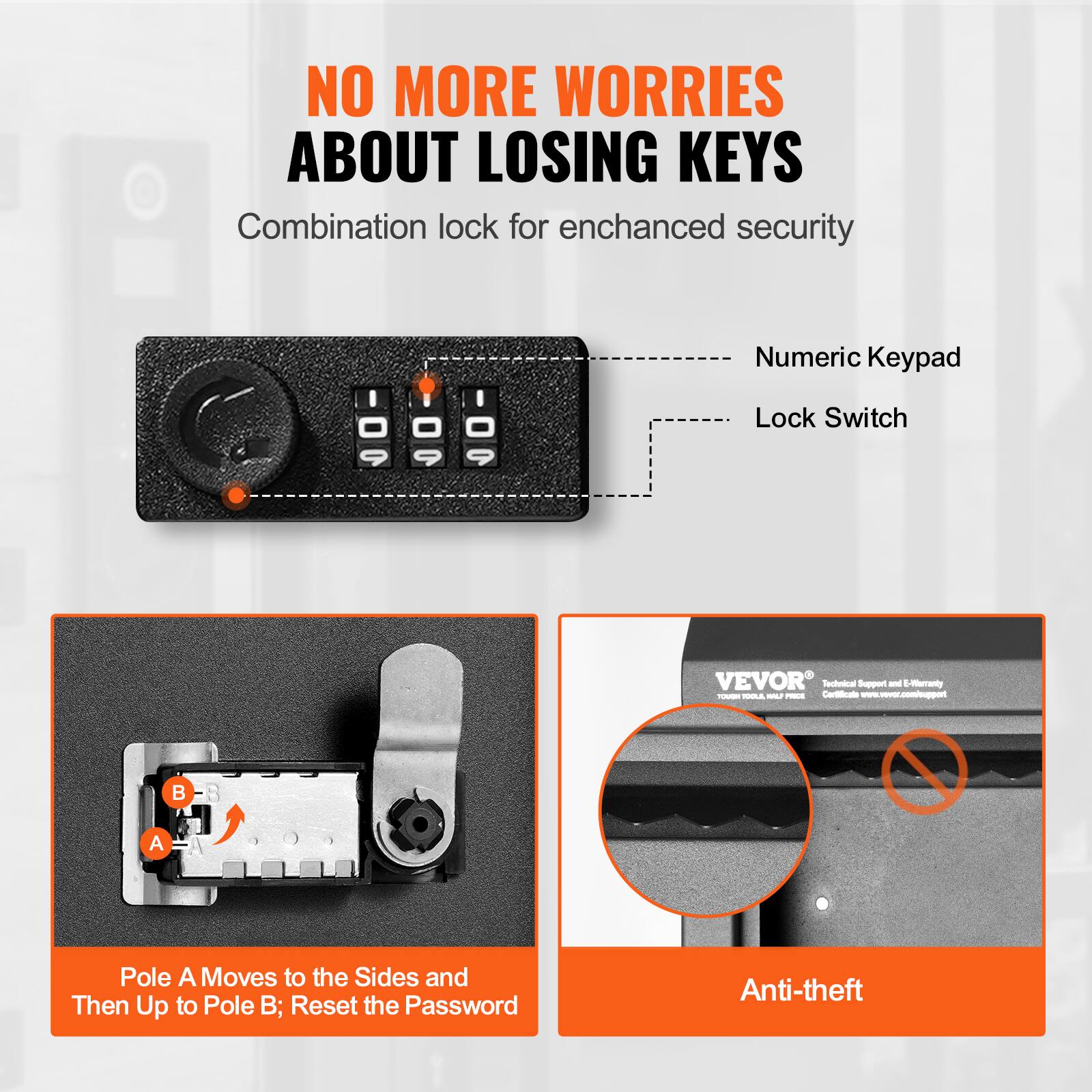 NO MORE WORRIES ABOUT LOSING KEYS

Combination lock for enhanced security

- Numeric Keypad
- Lock Switch

Pole A Moves to the Sides and Then Up to Pole B; Reset the Password

Anti-theft