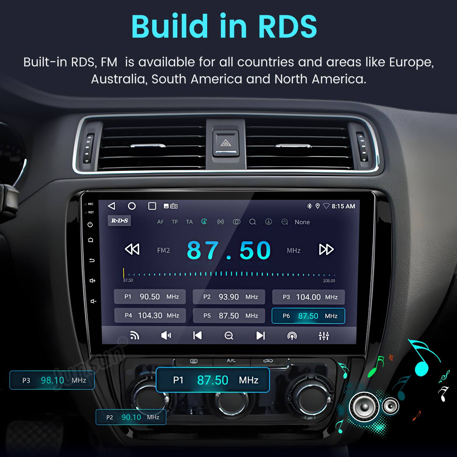 Build in RDS

Built-in RDS, FM is available for all countries and areas like Europe, Australia, South America and North America.