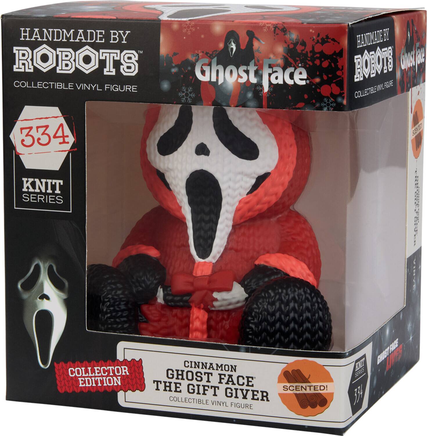 HANDMADE BY ROBOTS  
COLLECTIBLE VINYL FIGURE  

334  
KNIT SERIES  

Ghost Face  
CINNAMON GHOST FACE THE GIFT GIVER  
COLLECTOR EDITION  
SCENTED!  

COLLECTIBLE VINYL FIGURE