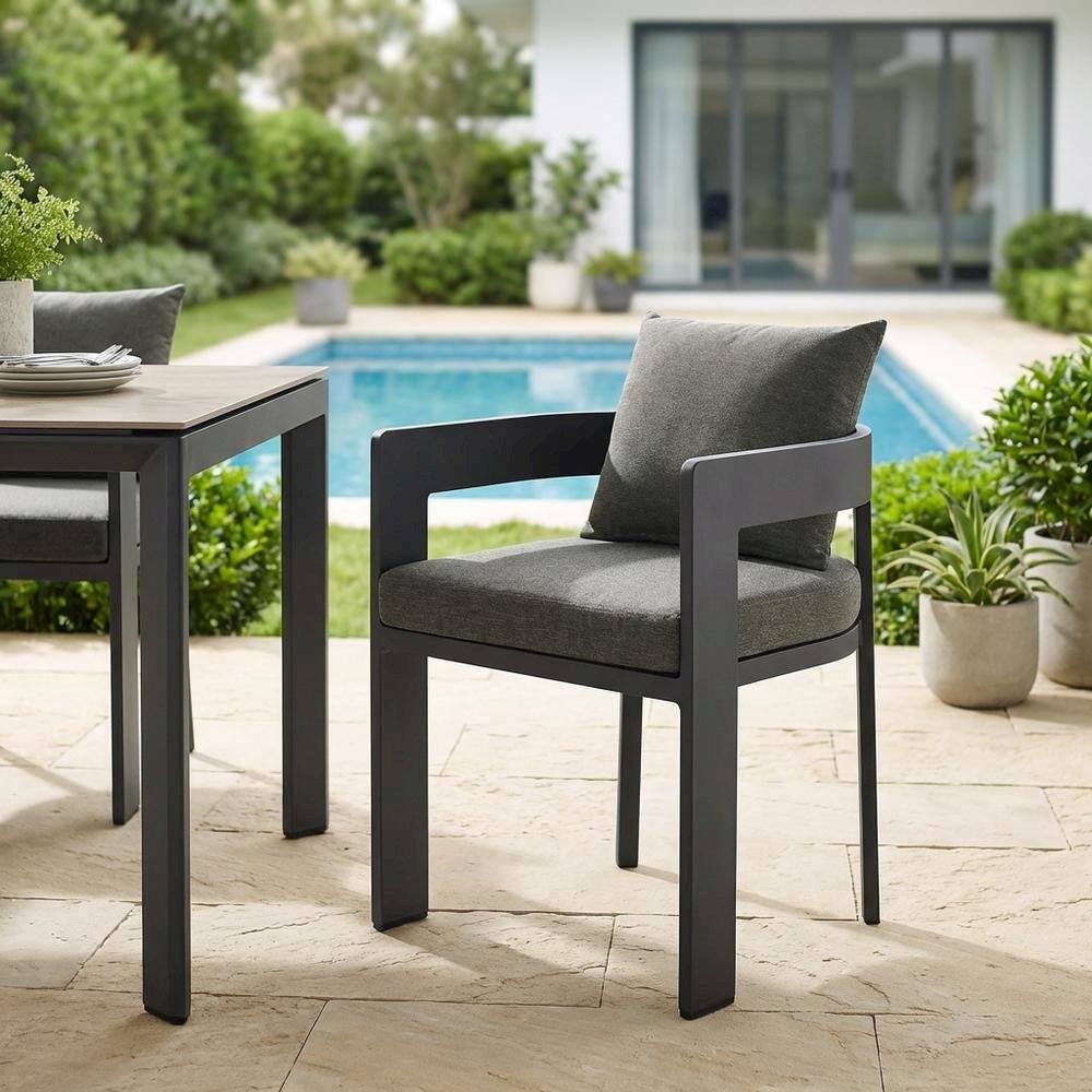 Left. Outdoor Escape - Aluminum Outdoor Patio Dining Chair With Cushioned Seat And Stylish Design - Gray.
