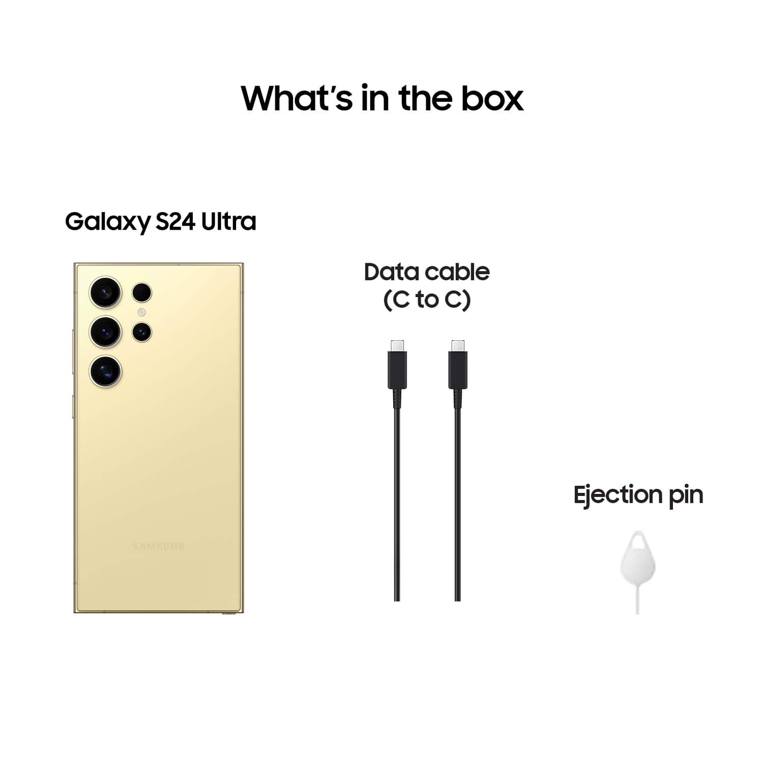 The image features a gold-colored Samsung Galaxy S24 Ultra smartphone with a data cable attached to it. The data cable is labeled "C to C," and there is an ejection pin included in the box. The box also contains a Samsung Galaxy S24 Ultra smartphone.
