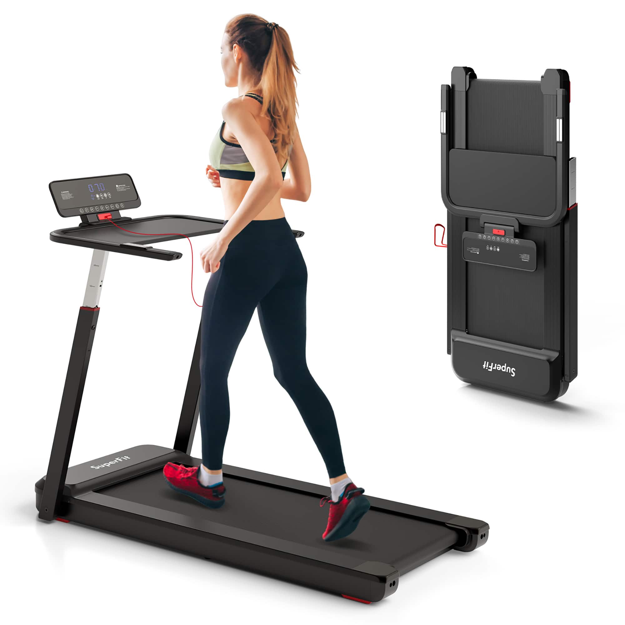Costway - 3HP Running Machine Folding Treadmill Adjustable Height APP Control Table Board - Black