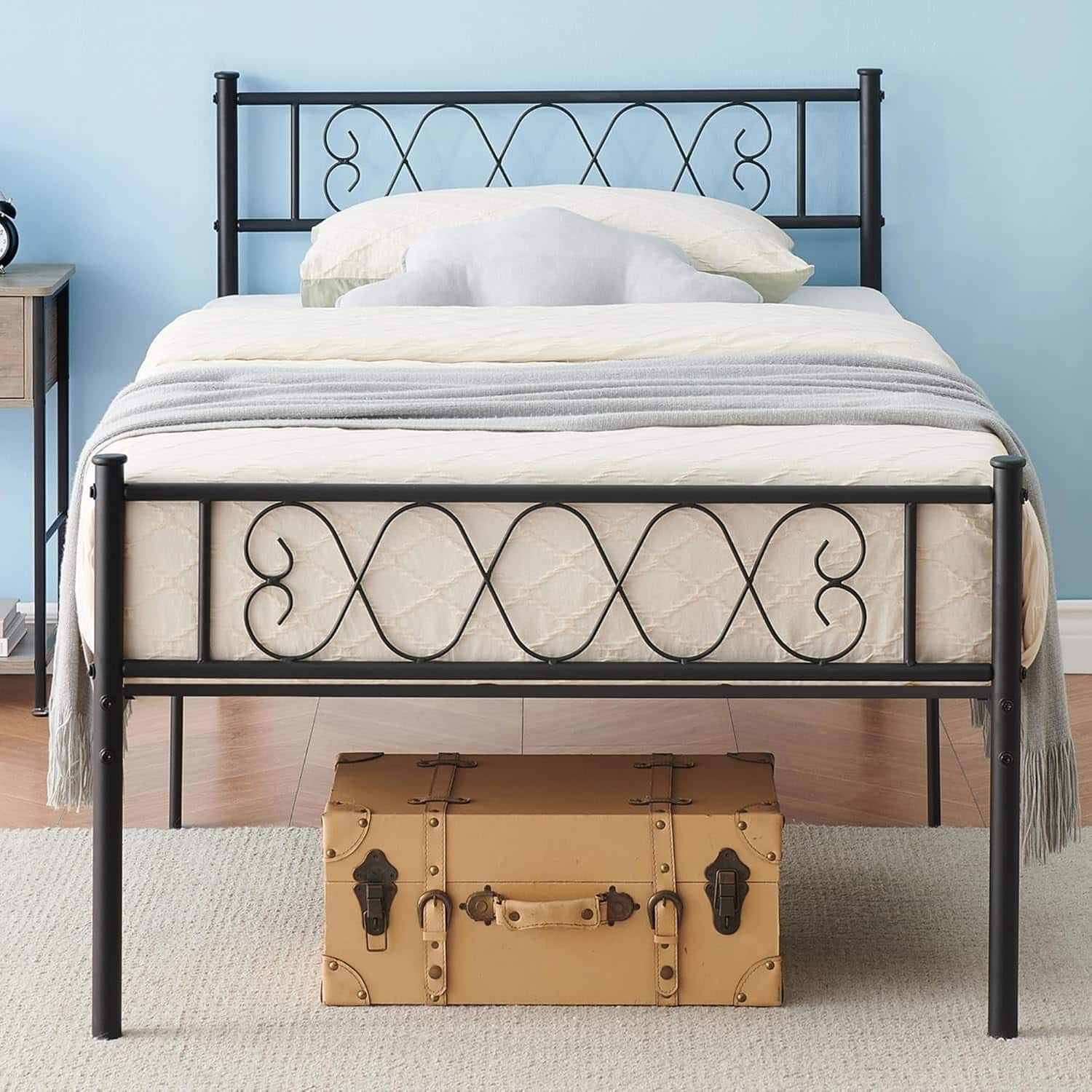 Homhougo - Twin XL Size Metal Bed Frame with Heart Design Headboard, Under Bed Storage, No Box Spring Needed - Black