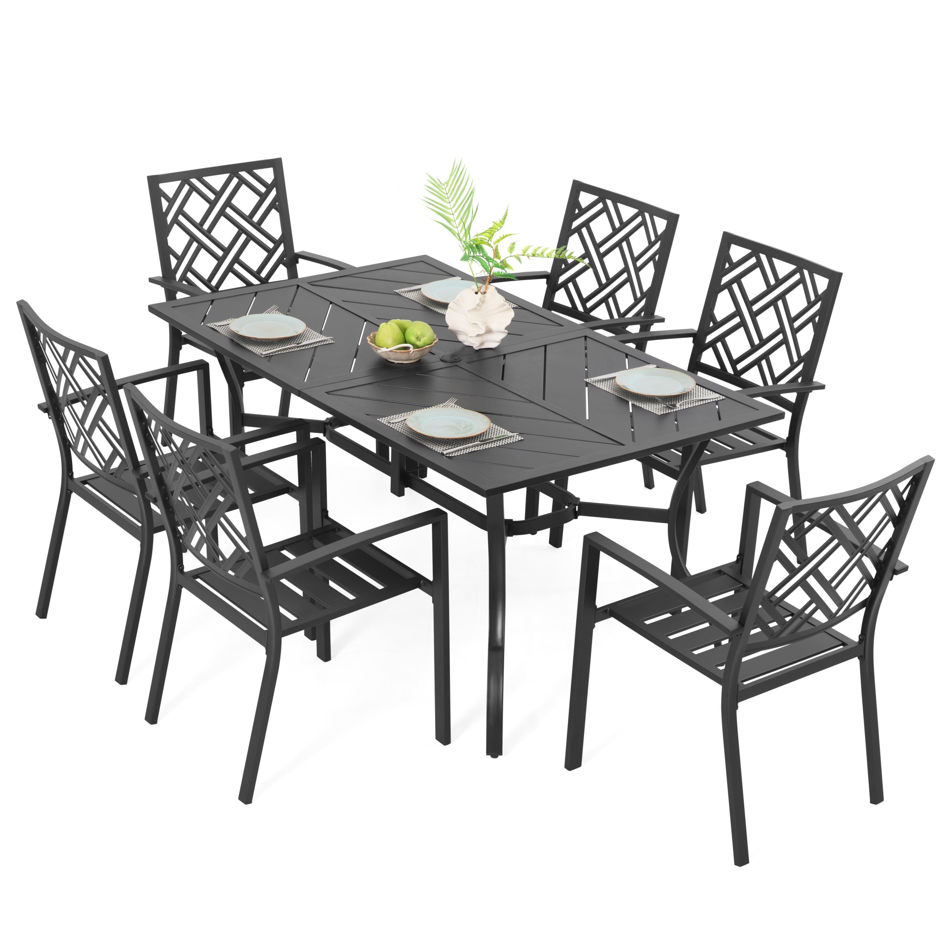 Nuu Garden - 7PCS Metal Rectangle Patio Dining Set with Umbrella Hole, Stackable Design - Black