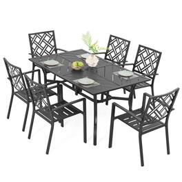 Nuu Garden - 7PCS Metal Rectangle Patio Dining Set with Umbrella Hole, Stackable Design - Black