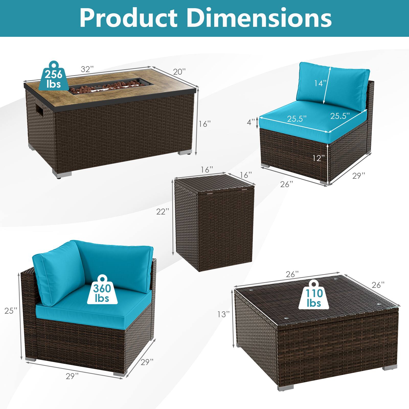 Product Dimensions

- 256 lbs
  - 32" x 20" x 16" x 4" x 25.5" x 25.5" x 16" x 16" x 26" x 12" x 29" x 22" x 25" x 360 lbs

- 360 lbs
  - 29" x 29" x 25" x 29" x 29"

- 110 lbs
  - 26" x 26" x 13"