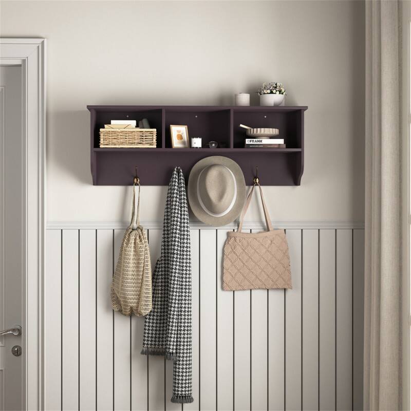 Alt View 1. ALEXOUN - Wall-Mounted Coat Rack with 4 Dual Hooks - MDF Entryway Shelf and Cubby Storage, 38" Wide, 55 lbs Capacity, 1pc - Espresso.