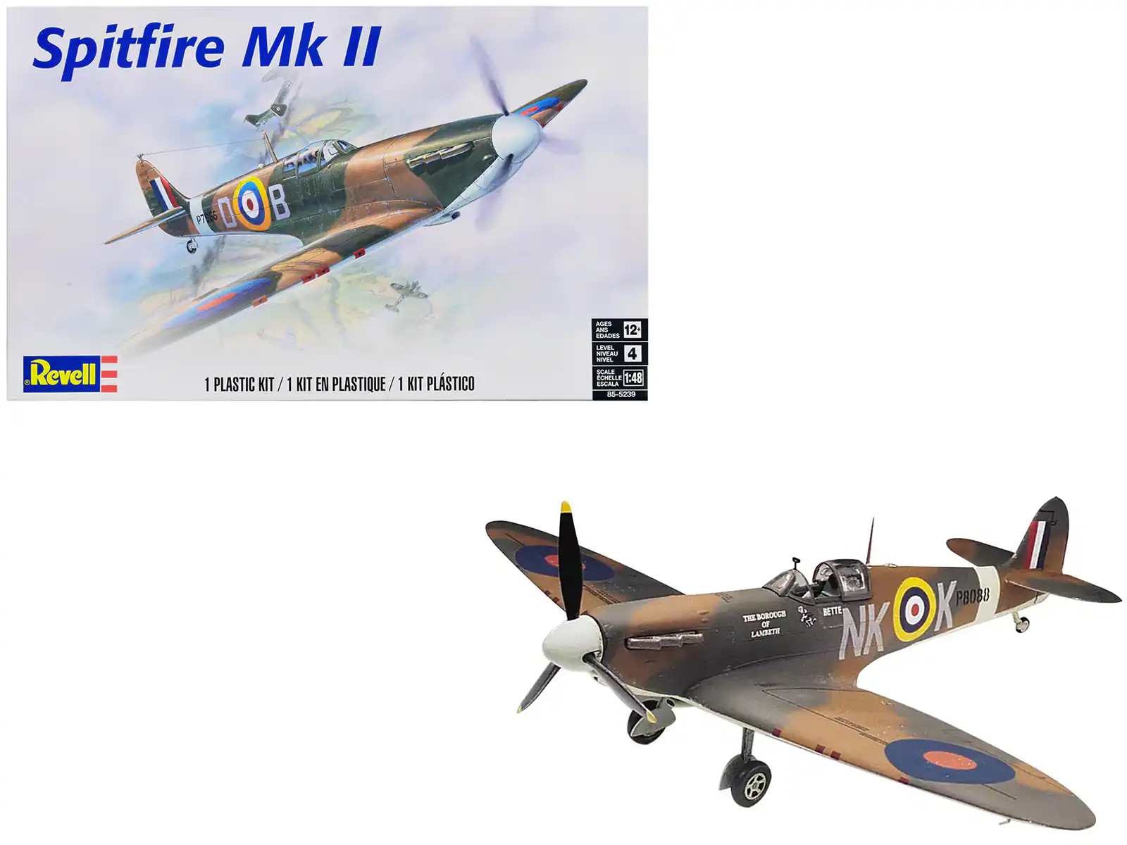 Spitfire Mk II  
1 PLASTIC KIT / 1 KIT EN PLASTIQUE / 1 KIT PLÁSTICO  
Revell  
AGES 12+  
LEVEL 4  
SCALE 1:48  
P8088  
NK OX BETTE  
THE BEST OF LANTERNETTI  
FT 20 I O  
AUES ANS 12 UAS  
SYEAU 4 NVEL SALE SUPELLE  
1:48  
CAA a5-das