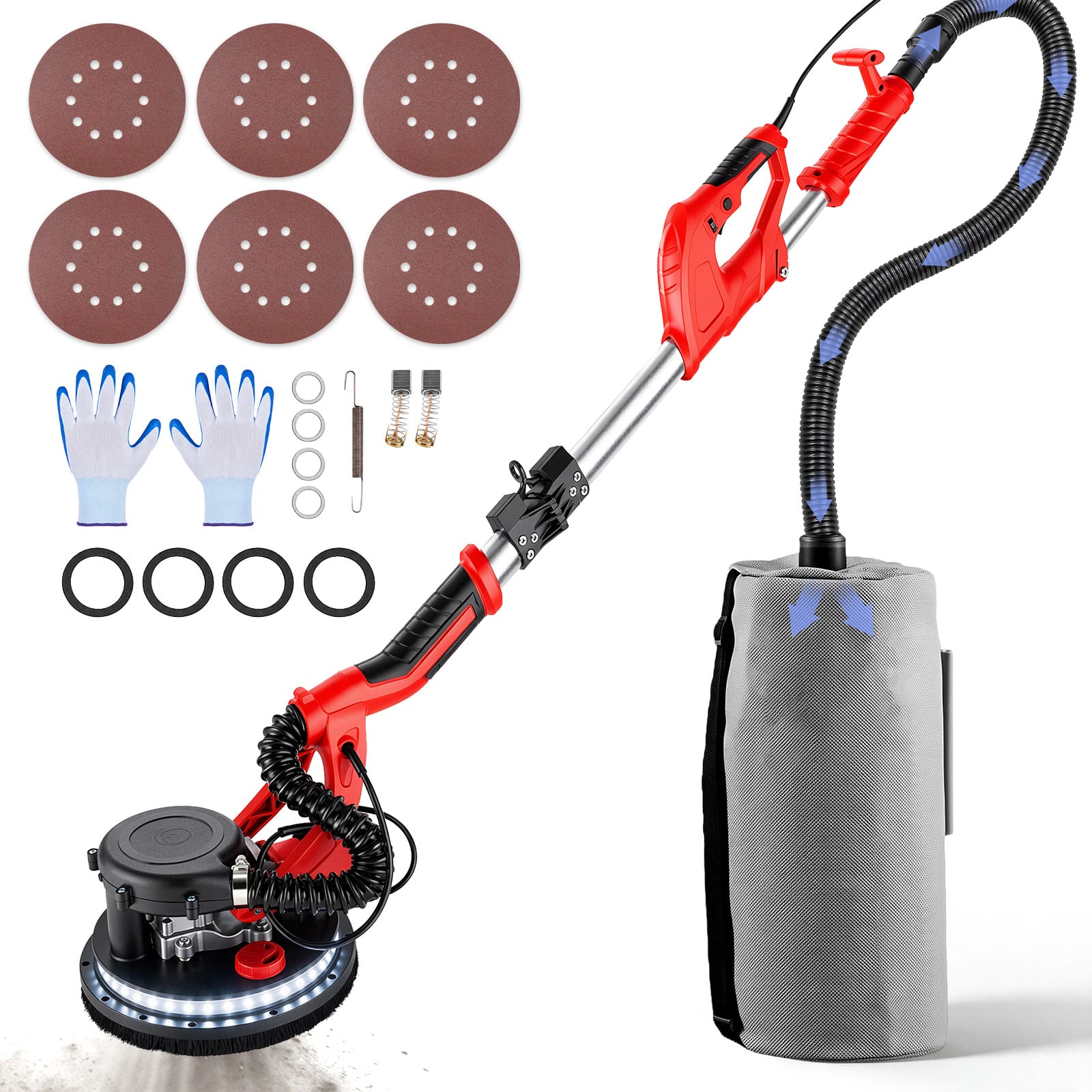 VEVOR - Drywall Sander 850W, Electric Drywall Sander,Variable Speed 800-1750 RPM,Foldable Sheetrock Sander,with Telescope Handle - Red;Black
