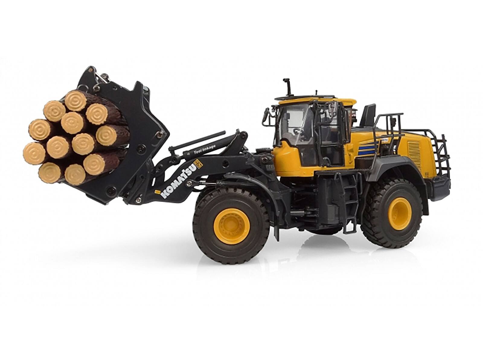 Alt View 4. Universal Hobbies - Komatsu WA475-10 Wheel Loader Yellow with Log Grapple and Log Accessories 1/50 Diecast Model by Universal Hobbies.