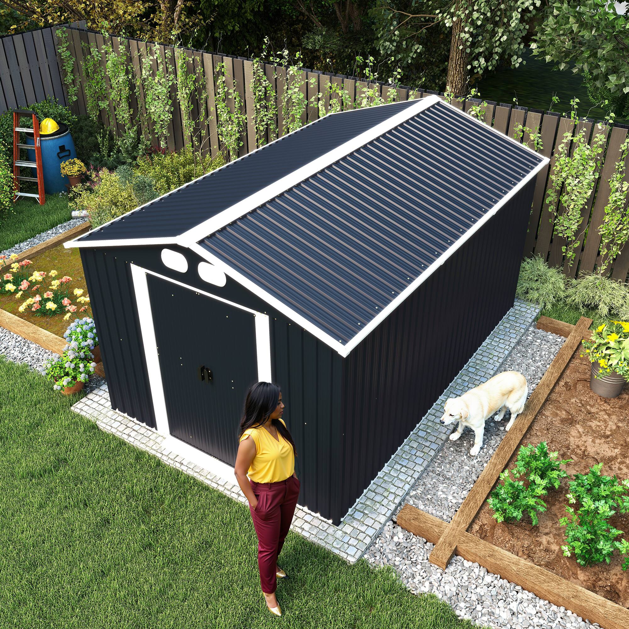 Left. Anysun - 8x12ft Metal Storage Shed with Lockable Door & Ventilation, Heavy-Duty Outdoor Garden Tool Shed for Backyard or Lawn - Dark Gray.