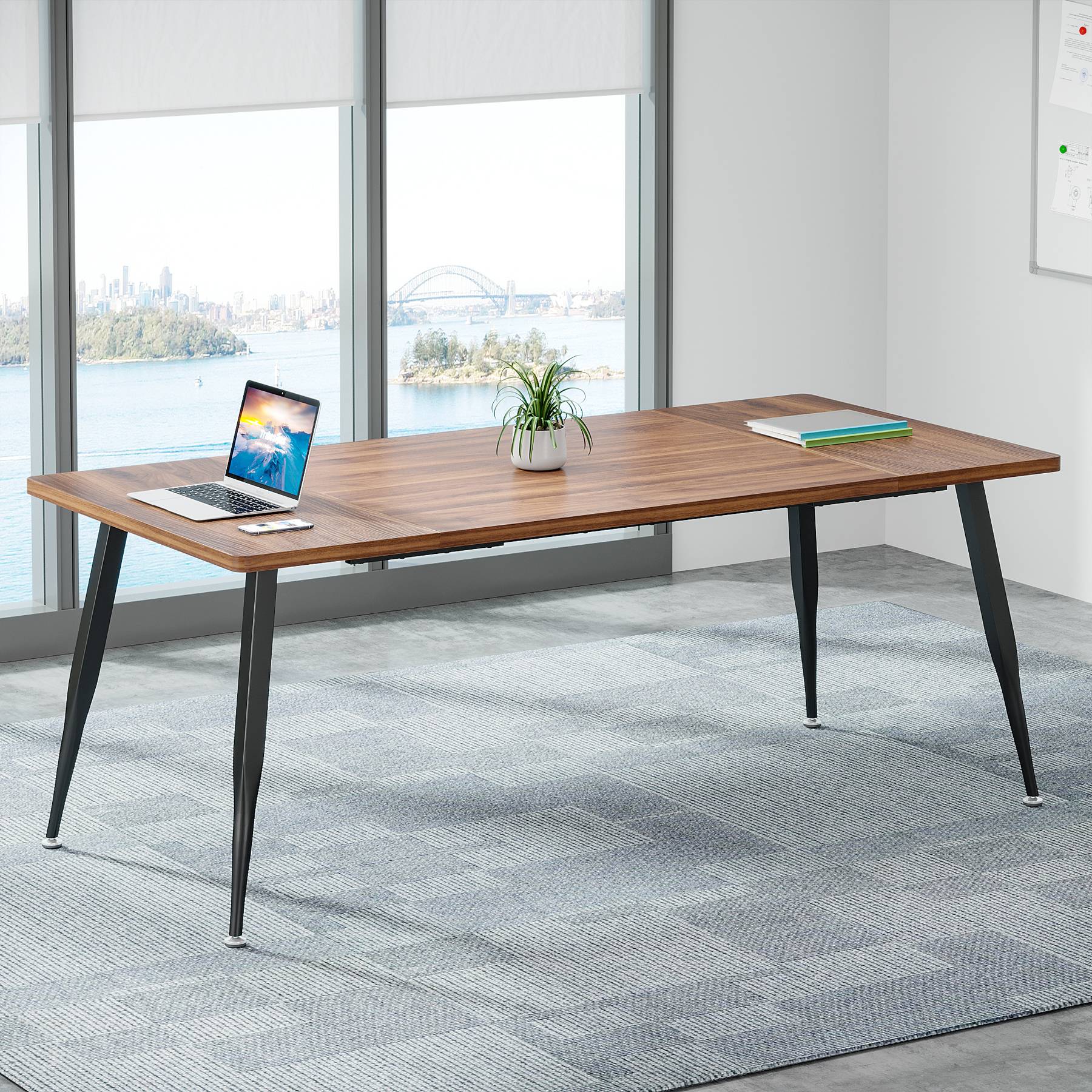 Angle. Tribesigns - Conference Table with Engineered Wood Construction, Adjustable Feet and Rectangular Top for Office - Brown.