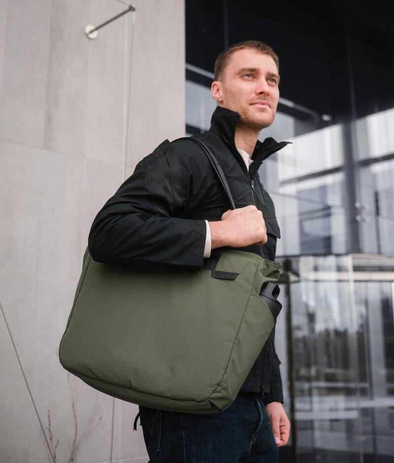Alt View 8. ALPAKA - Metro Tote Laptop Tote Bag for Work, Work Tote Fits 16" MacBook Pro, Side Bottle Pocket, Weather-Resistant, Key Tether - Green Axoflux 210D.