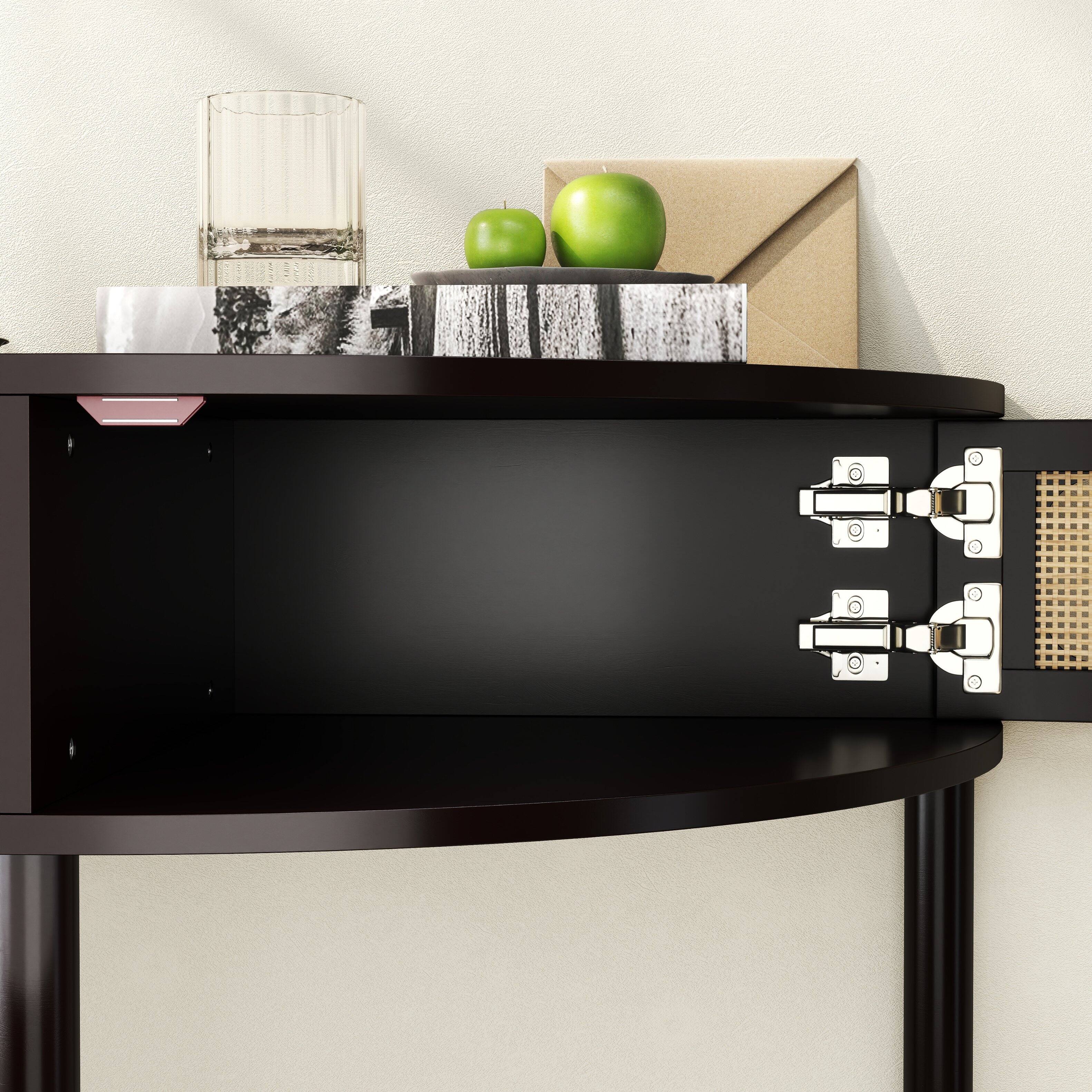 Alt View 5. Tiramisubest - Boho Rattan Semi Circle End Table with Sliding Door,Elegant Black Wood Accent Table with Storage and Bottom Shelf - Black.