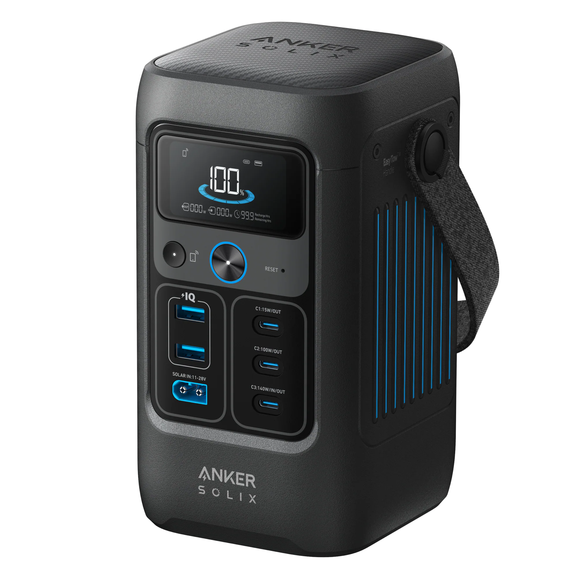 ANKER SOLIX

100%

000.000.000 C999

RESET

IQ

C1:15W/OUT

C2:100W/OUT

SOLAR N11-28V

C3:140W/IN/OUT