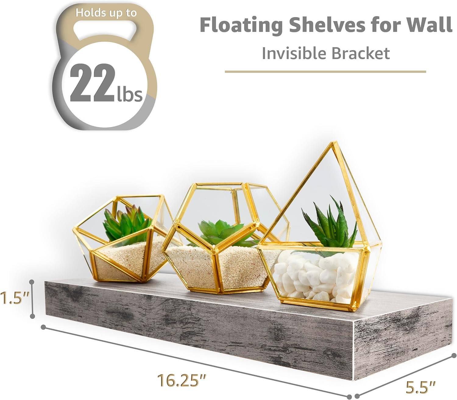 Holds up to 22 lbs, Floating Shelves for Wall, Invisible Bracket, 1.5", 16.25", 5.5"