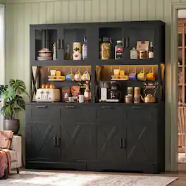 Aheaplus - 71'' Tall Pantry Cabinet with Power Outlets & LED Light, Storage Cabinet with 2 Drawers & DIY Pegboard, 2 Piece Set - Black