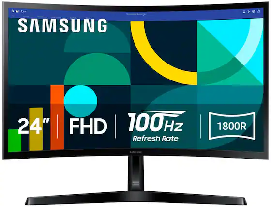 The text on the image reads: "SAMSUNG 24" FHD 100Hz Refresh Rate 1800R".