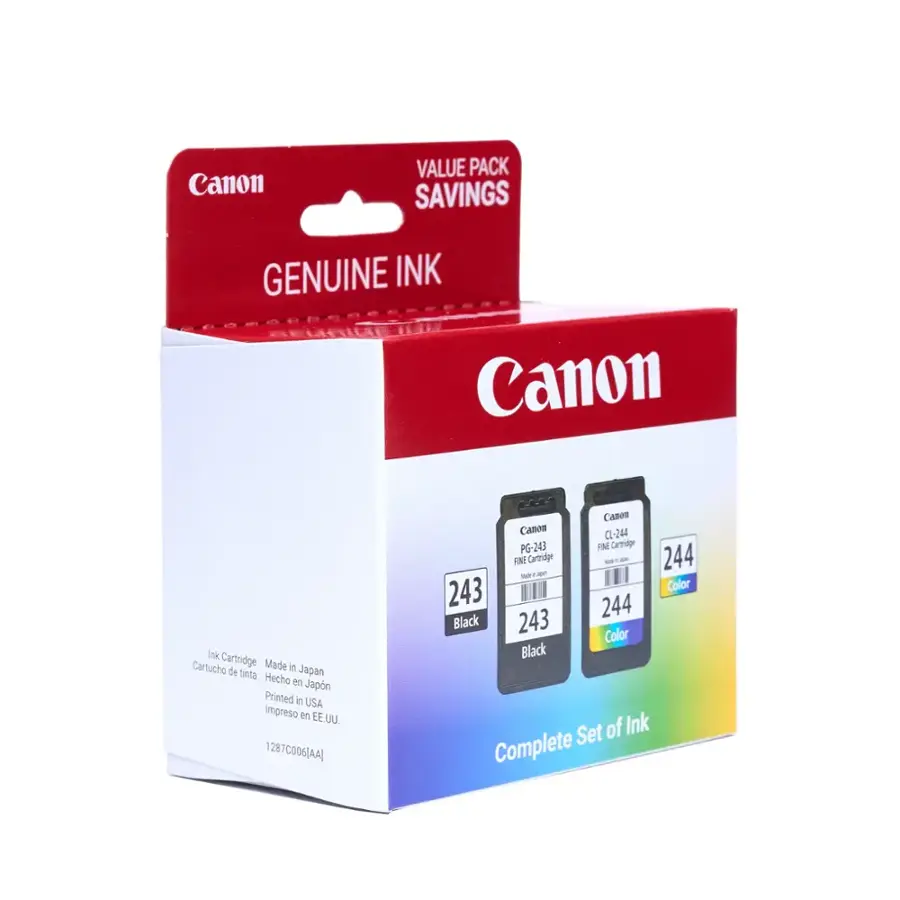 Canon Value Pack Savings Genuine Ink Canon Ink Cartridge Cartucho Made in Japan de tinta Hecho in Japn Printed in USA Impreso en EE.UU. 1287C006(AA] Canon Canon CL-244 a PG-243 FNE Cartridge FNE Cartridge - - 244 - - 243 Color 244 Black 243 Color Black Set of Ink Complete