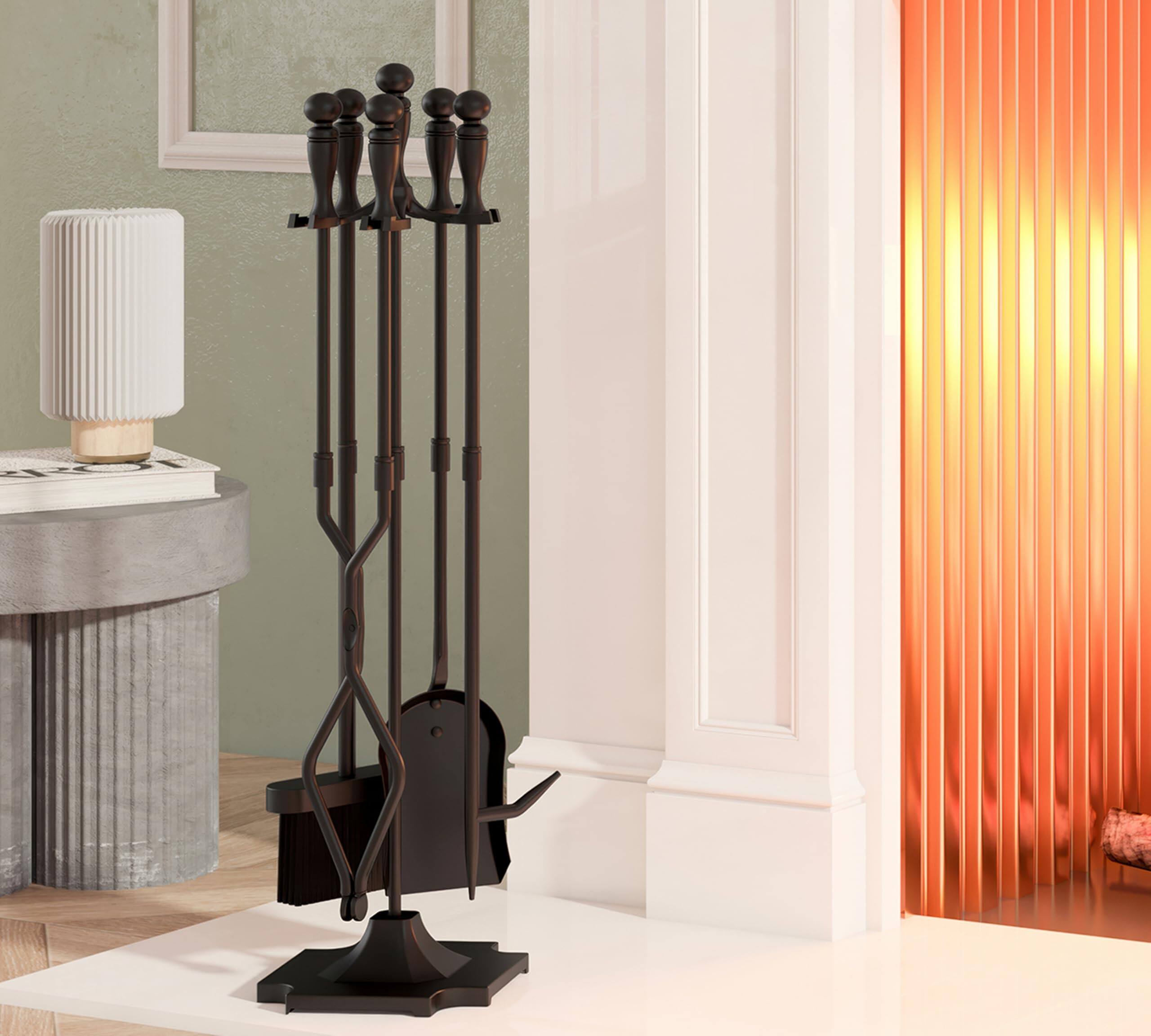 Alt View 2. JETRANSPORT - 5 Fireplace Tools Sets Heavy Duty Wrought Iron Large Fire Tool Set And Holder Outdoor Black - Default.