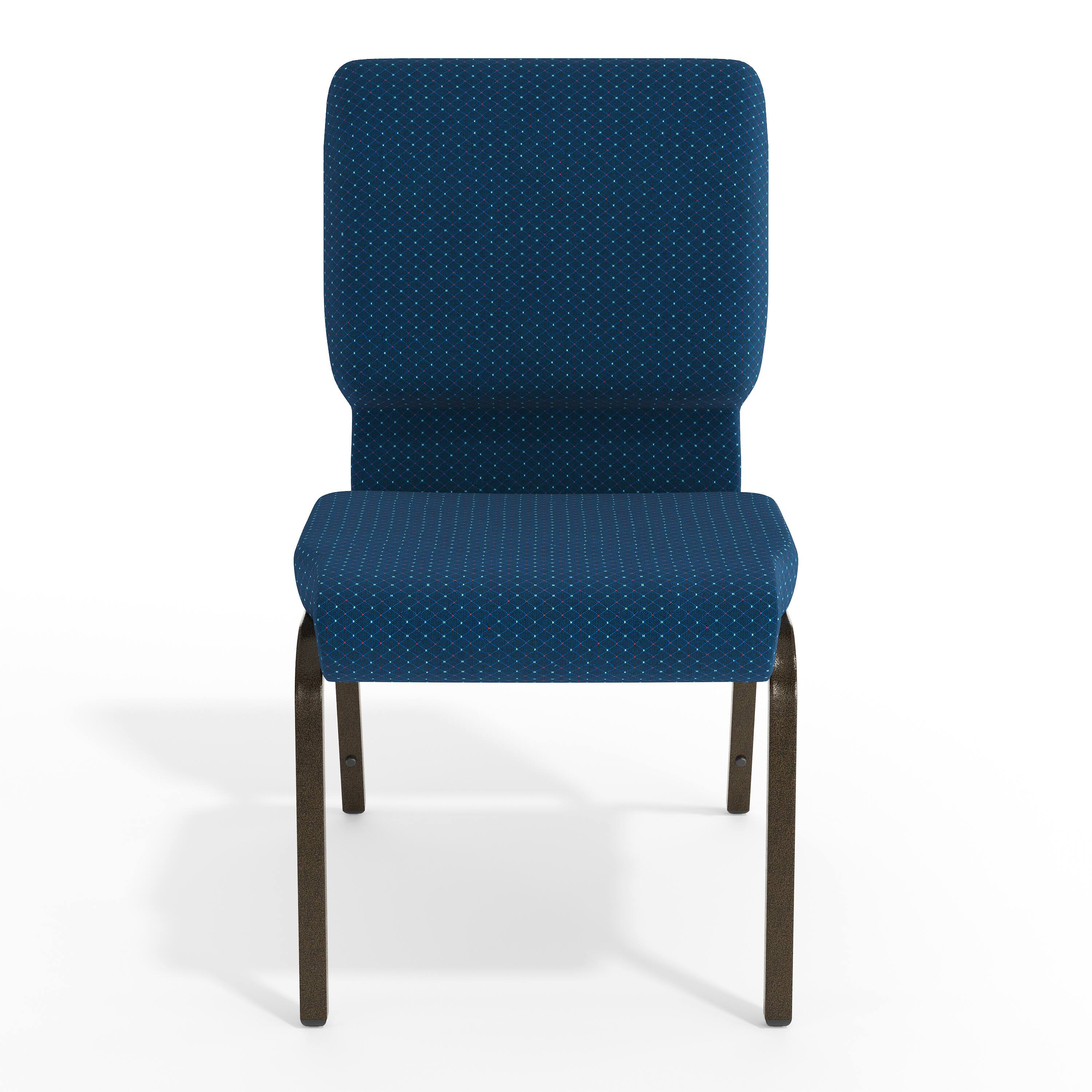 Angle. Flash Furniture - HERCULES Series 18.5''W Stacking Church Chair in Navy Blue Patterned Fabric - Gold Vein Frame - Blue.