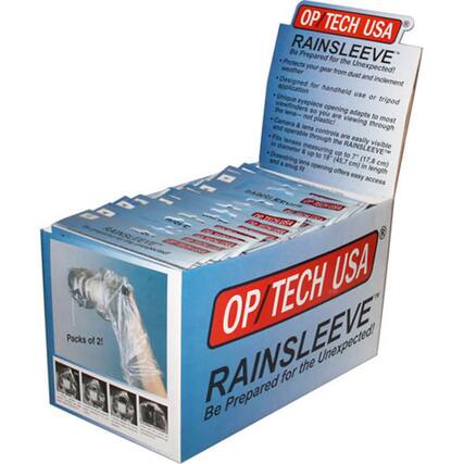 Packs of 2! OP TECH USA RAINSLEEVE Be Prepared for the Unexpected! Protects your gear from dust and inclement weather. Designed for handheld use or tripod application. Unique eyepiece opening adapts to most viewfinders so you are viewing through the lens - not plastic! Camera & lens controls are easily visible through the RAINSLEEVE™. Fits lenses through a diameter measuring up to 18" (45.7 cm) and a snug opening in length offers easy access.