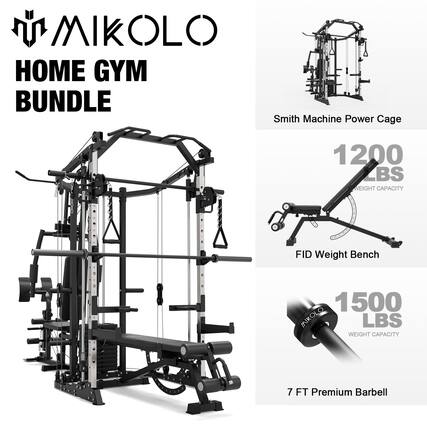 MIKOLLO HOME GYM BUNDLE
Smith Machine Power Cage
1200 LBS WEIGHT CAPACITY
FID Weight Bench
1500 LBS WEIGHT CAPACITY
7 FT Premium Barbell