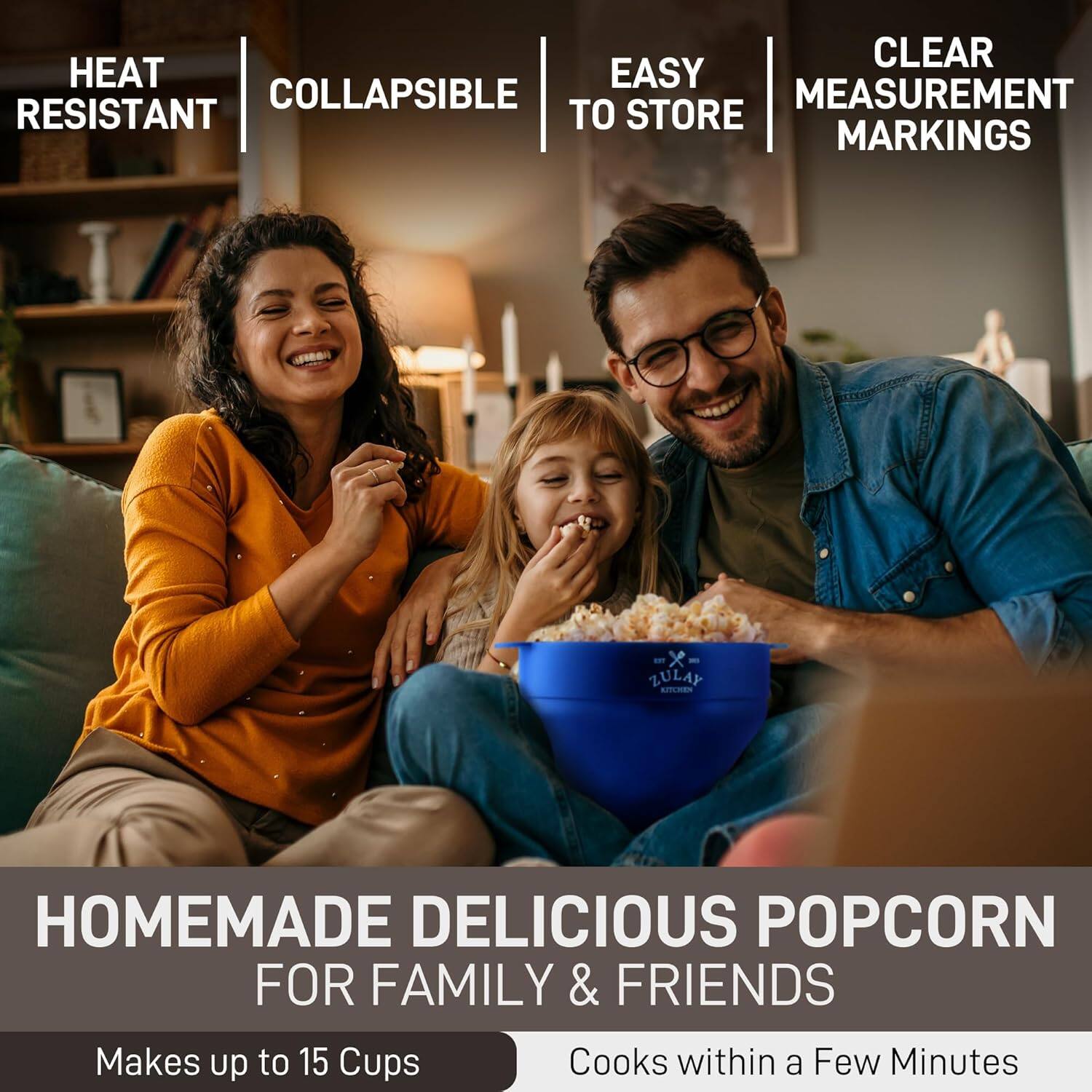 - Heat Resistant
- Collapsible
- Easy to Store
- Clear Measurement Markings

Homemade Delicious Popcorn for Family & Friends

Makes up to 15 Cups

Cooks within a Few Minutes