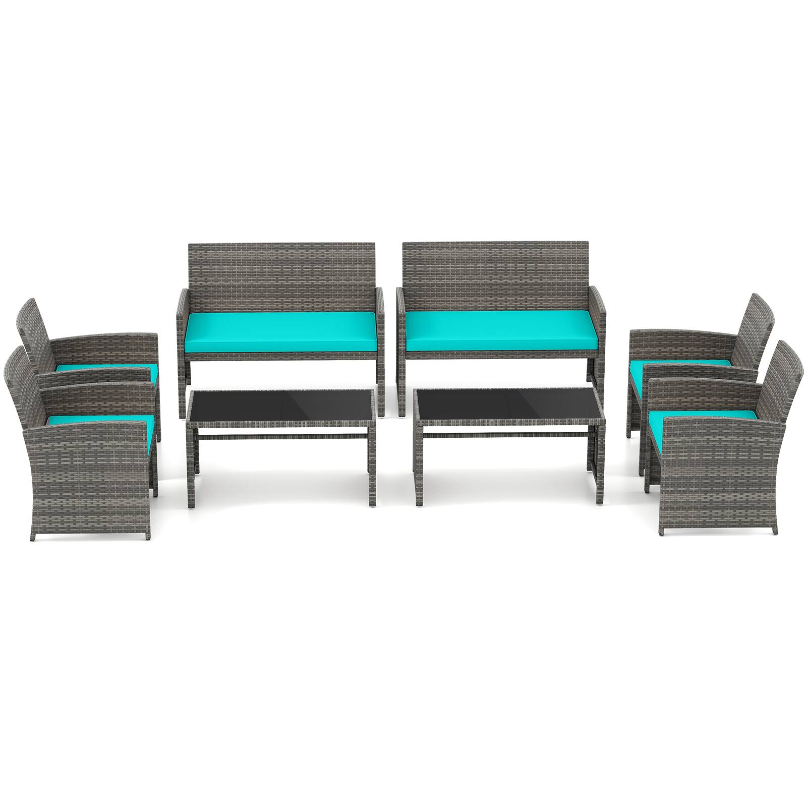 Gymax - Set of 8 Patio Conversation Set w/Seat Cushions & Tempered Glass Tabletop Porch Turquoise - Green