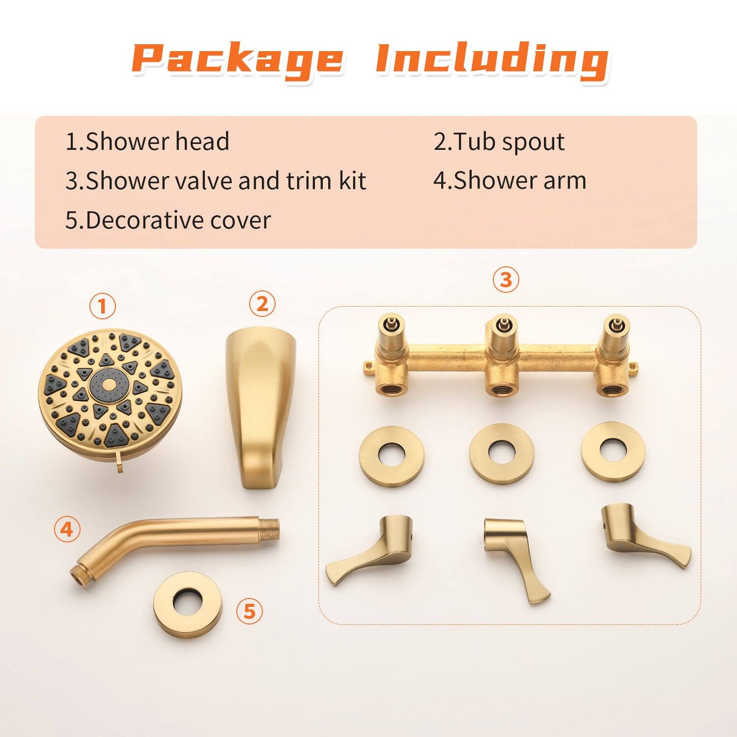 Package Including

1. Shower head  
2. Tub spout  
3. Shower valve and trim kit  
4. Shower arm  
5. Decorative cover