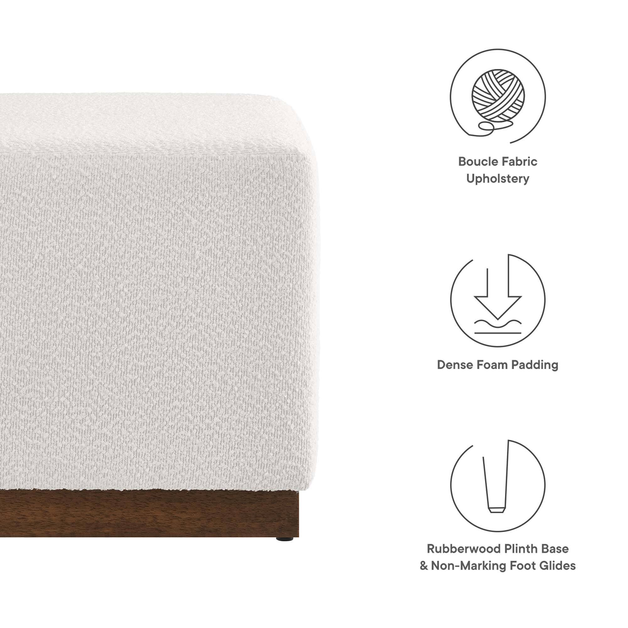 - Boucle Fabric Upholstery
- Dense Foam Padding
- Rubberwood Plinth Base & Non-Marking Foot Glides