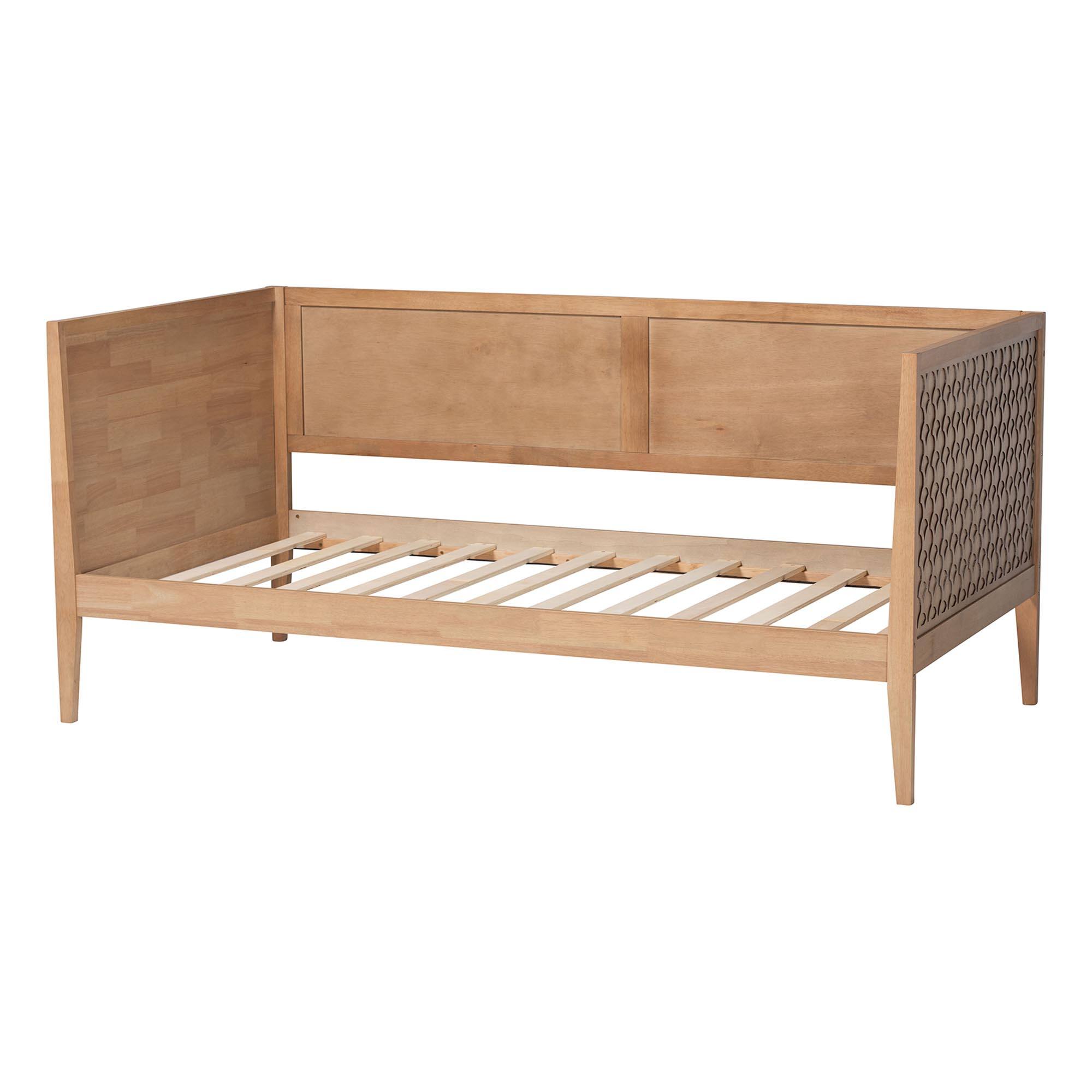 Back. Baxton Studio - Lara Twin Daybed - Modern Wood Bed Frame with Wraparound Laser-Cut Decorative Headboard Overlay - Oak Brown.
