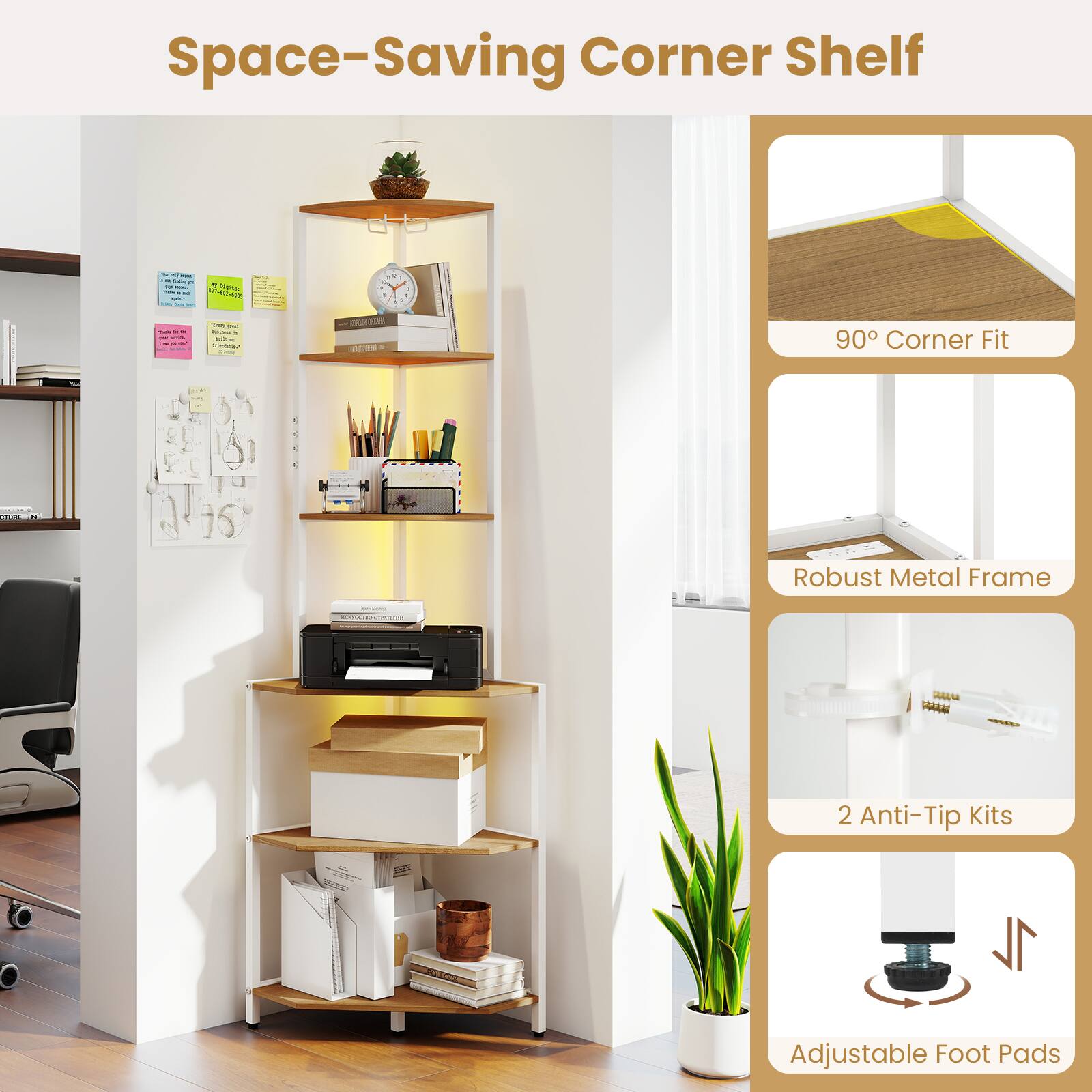 Space-Saving Corner Shelf

- 90° Corner Fit
- Robust Metal Frame
- 2 Anti-Tip Kits
- Adjustable Foot Pads