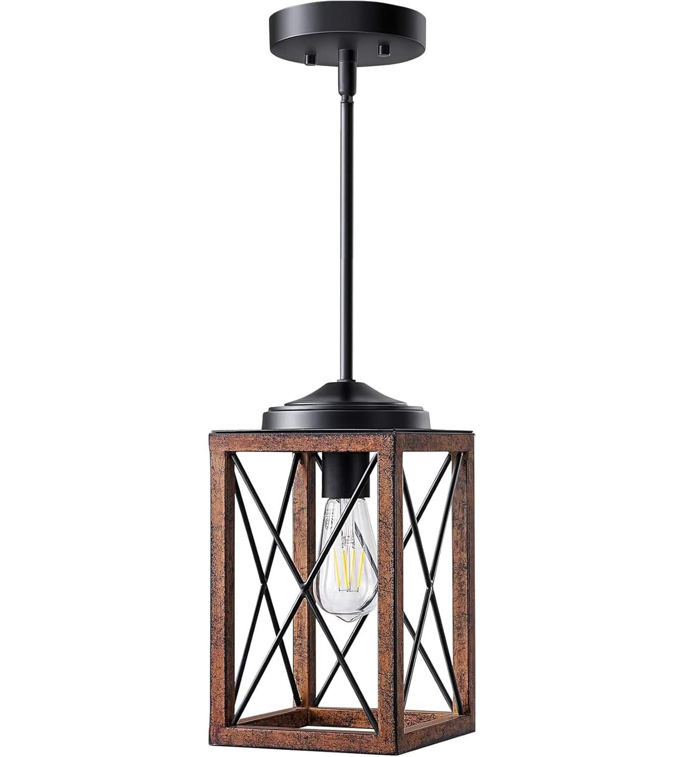 FINEAK - Adjustable Farmhouse Pendant Light-Rustic Wood Grain Metal Fixture