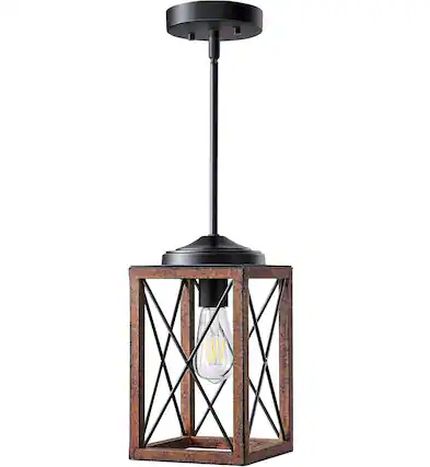 Front. FINEAK - Adjustable Farmhouse Pendant Light-Rustic Wood Grain Metal Fixture.