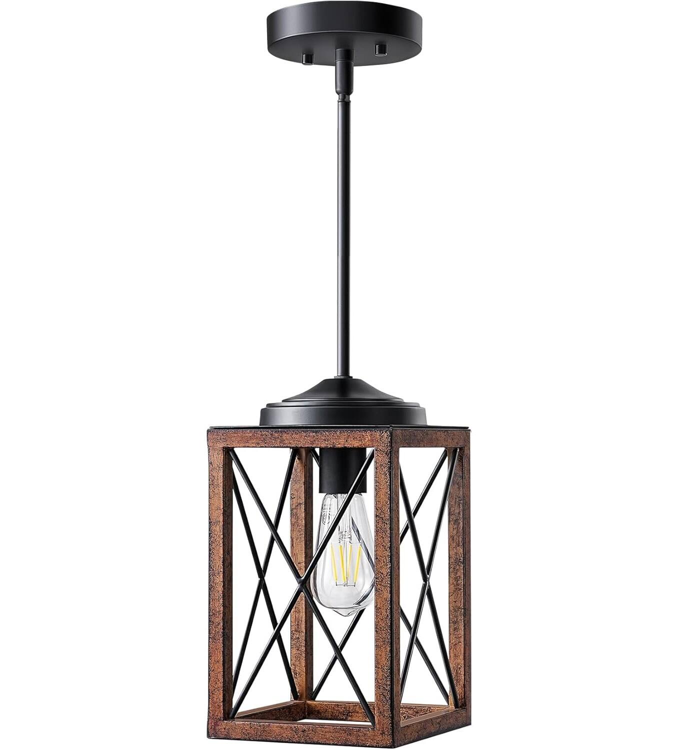 Front. FINEAK - Adjustable Farmhouse Pendant Light-Rustic Wood Grain Metal Fixture.