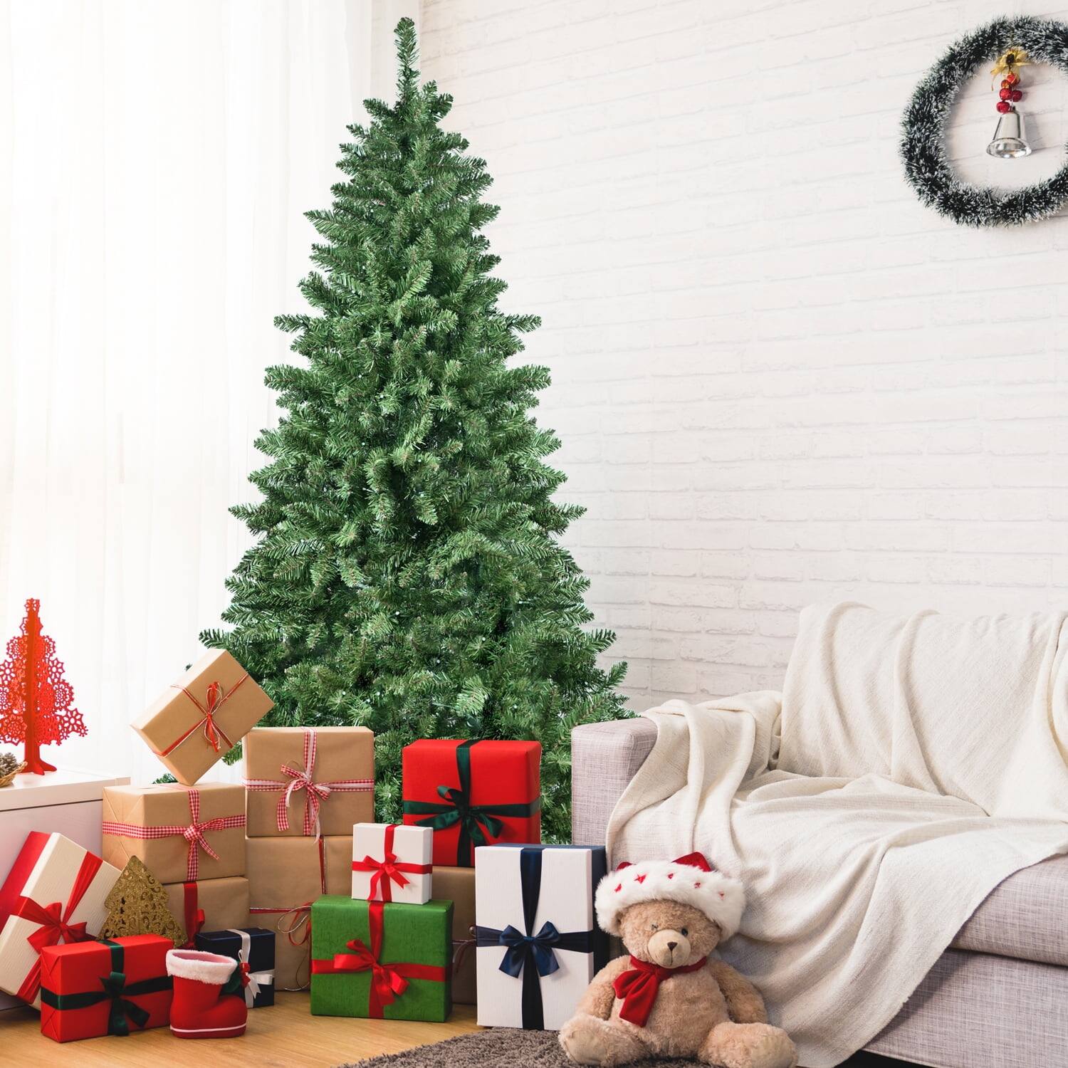 Angle. Pefilos - 9ft Artificial RGB Christmas Tree with 1721 PVC Branch Tips, Hinged & Foldable for Indoor Decor, Vibrant Lighting - Green.