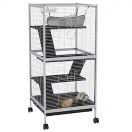 Pawhut - Metal Small Animal Cage, 4-Tiers Rolling Big Ferret Cage with Hammock, Removable Tray, Chinchilla, Sugar Glider