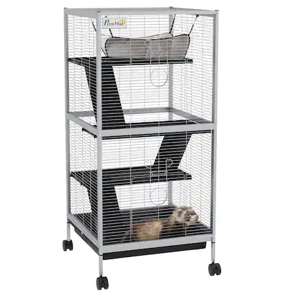 Front. Pawhut - Metal Small Animal Cage, 4-Tiers Rolling Big Ferret Cage with Hammock, Removable Tray, Chinchilla, Sugar Glider.