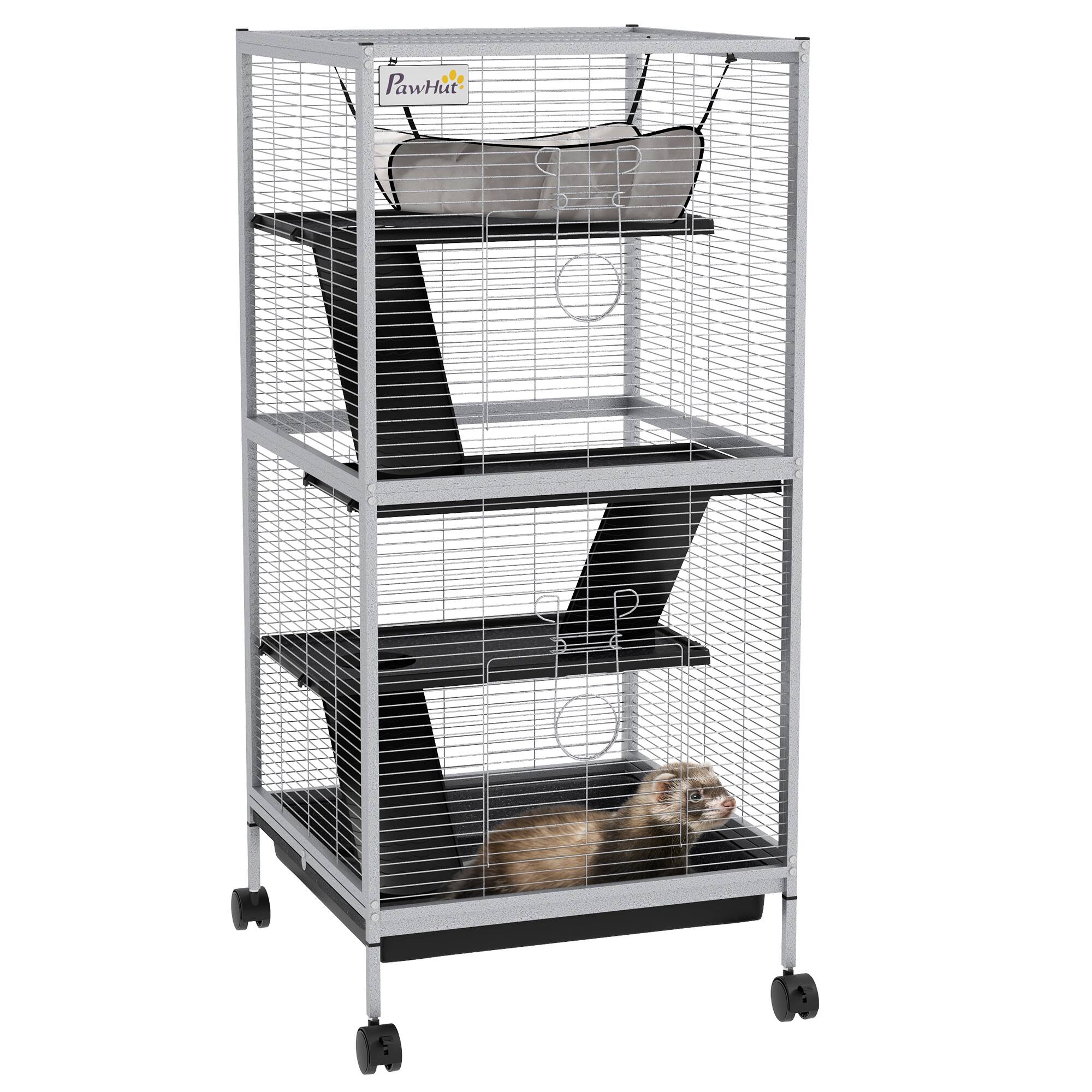 Front. Pawhut - Metal Small Animal Cage, 4-Tiers Rolling Big Ferret Cage with Hammock, Removable Tray, Chinchilla, Sugar Glider.