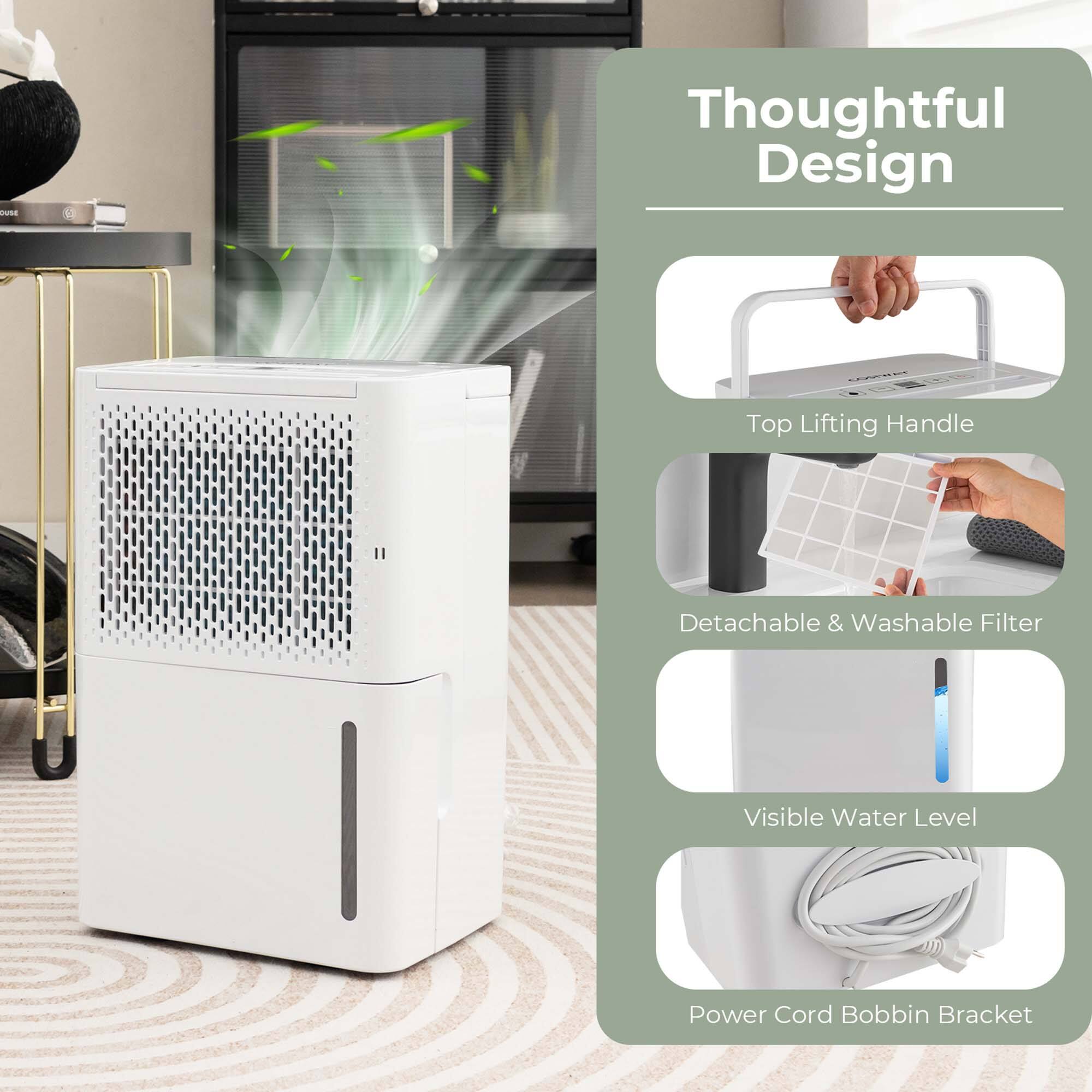 Thoughtful Design:
- Top Lifting Handle
- Detachable & Washable Filter
- Visible Water Level
- Power Cord Bobbin Bracket