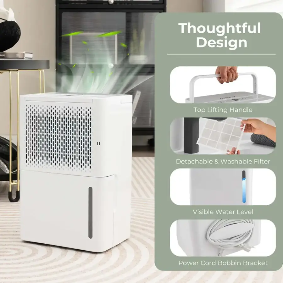 Thoughtful Design:
- Top Lifting Handle
- Detachable & Washable Filter
- Visible Water Level
- Power Cord Bobbin Bracket