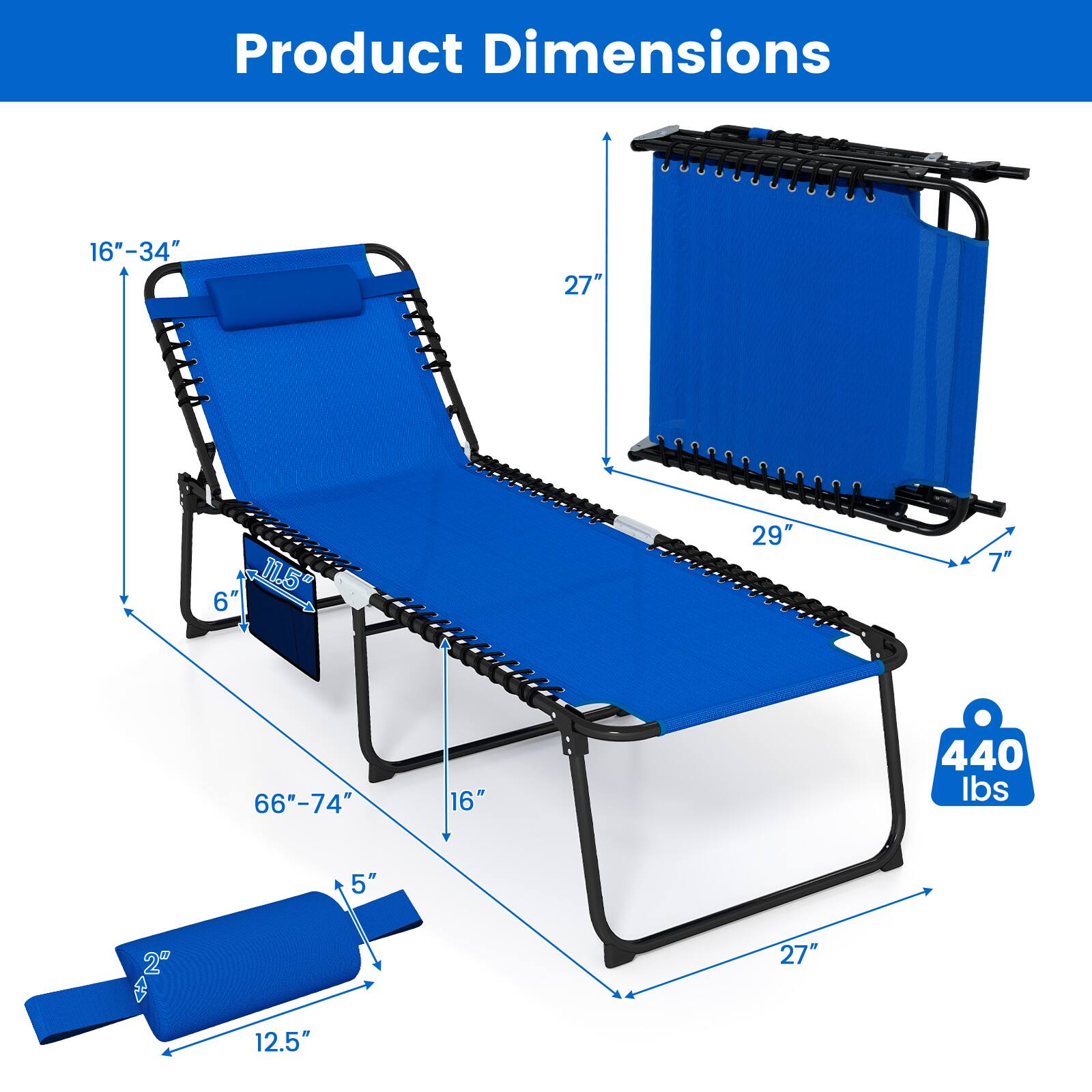 Product Dimensions 16"-34" 27" 6 11.5 29" 7" 66"-74" 16" 440 Ibs 5" 2"  27" 12.5"