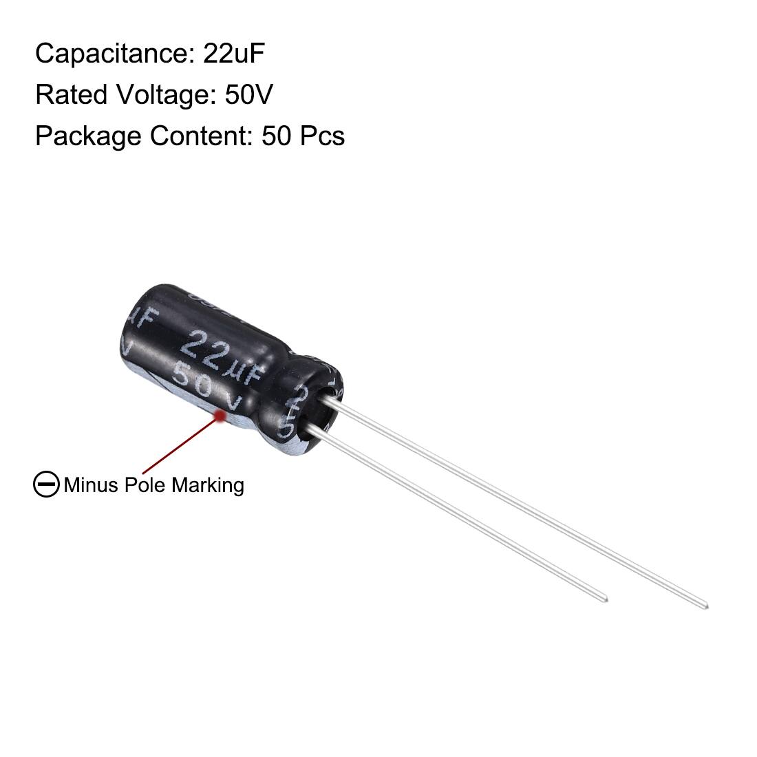 Capacitance: 22uF  
Rated Voltage: 50V  
Package Content: 50 Pcs  

Minus Pole Marking