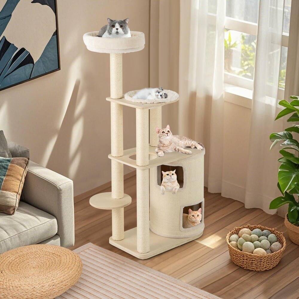 Back. Kadyn - 60-Inch Tall Cat Tree with Two-Story Condo and Sisal Scratching Posts, Natural - Brown.