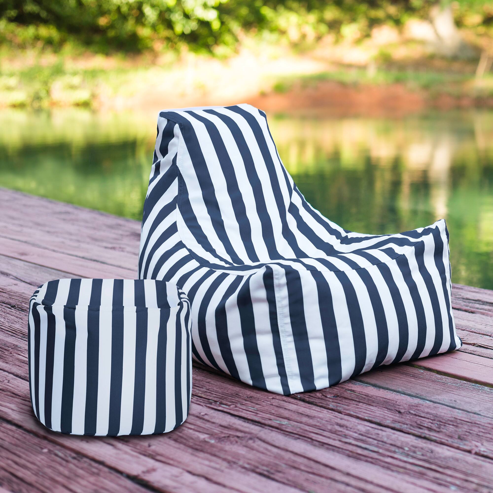 Angle. Jaxx - Jaxx Juniper Jr Outdoor Kids Bean Bag Chair / Childrens Garden Chair, Navy Stripes - Navy Stripes.